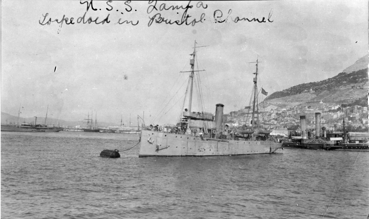 A photograph of USS Tampa moored in Gibraltar Harbor during the cutter’s service as a convoy escort. (U. S. Navy)